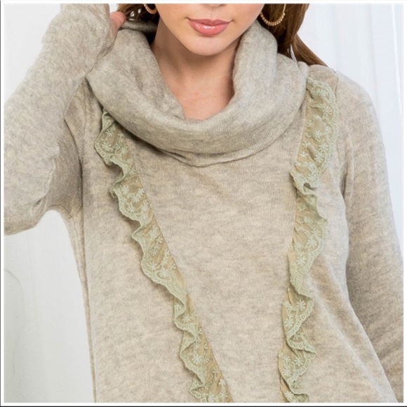 A’reve Wheat Cowl Neck Sweater Mini dress ruffle layer hem lined new - Picture 4 of 4